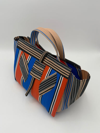 Citrus Large handwoven tote bag by SCRUBIES in Orange,Blue,Beige,Black with Stripes design and Leaf accent pattern