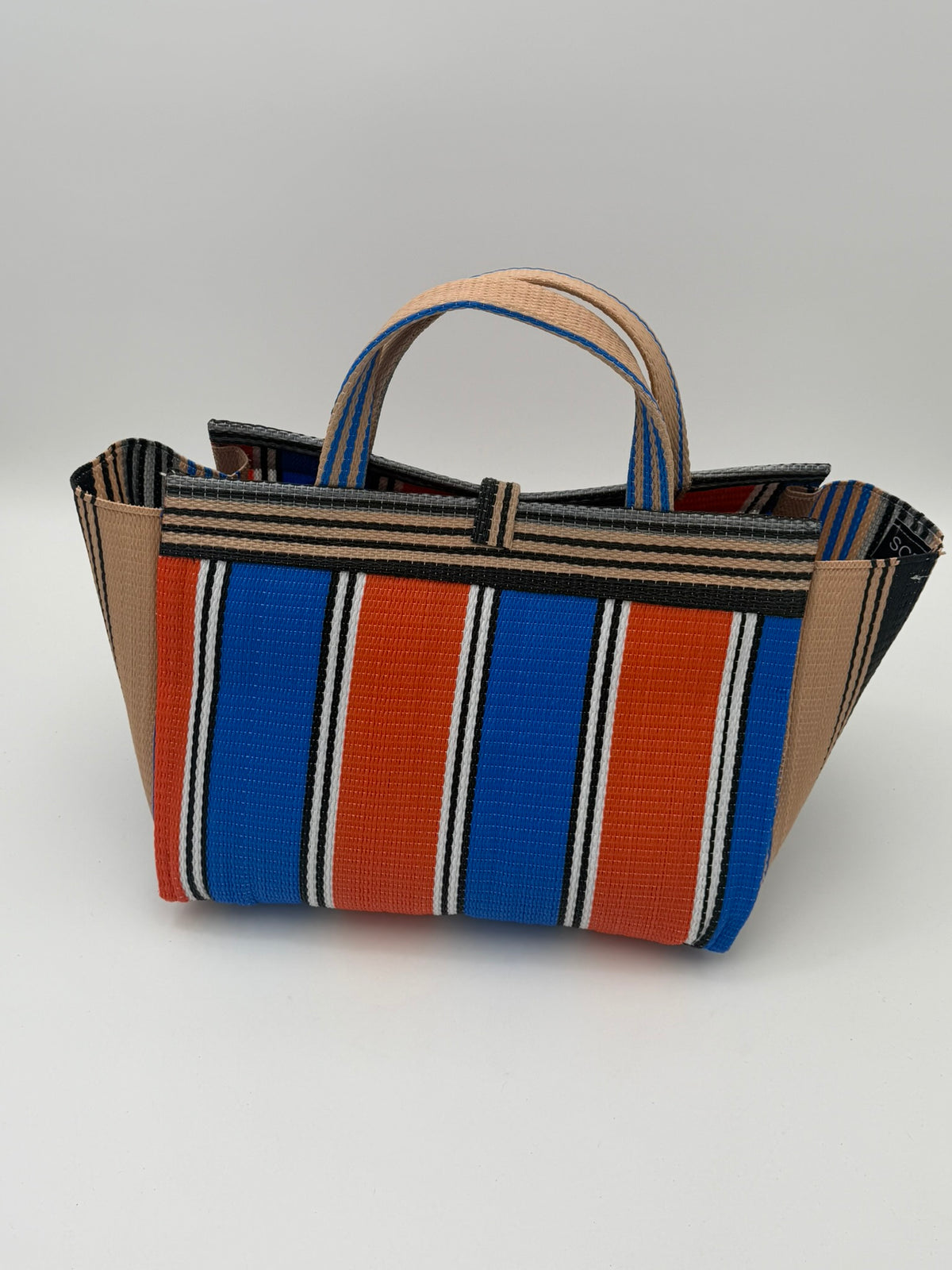 Citrus Large handwoven tote bag by SCRUBIES in Orange,Blue,Beige,Black with Stripes design and Leaf accent pattern
