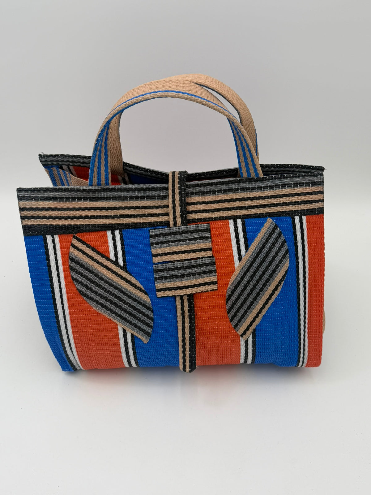 Citrus Large handwoven tote bag by SCRUBIES in Orange,Blue,Beige,Black with Stripes design and Leaf accent pattern