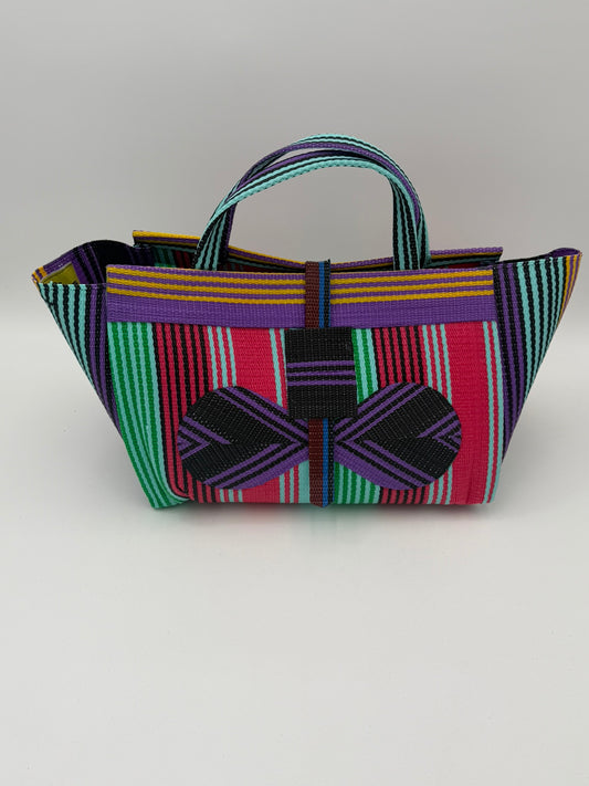 Candy Large handwoven tote bag by SCRUBIES in Teal,Pink,Purple,Black, with Stripes design and Bow accent pattern