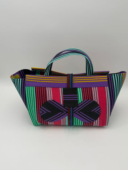 Candy Large handwoven tote bag by SCRUBIES in Teal,Pink,Purple,Black, with Stripes design and Bow accent pattern