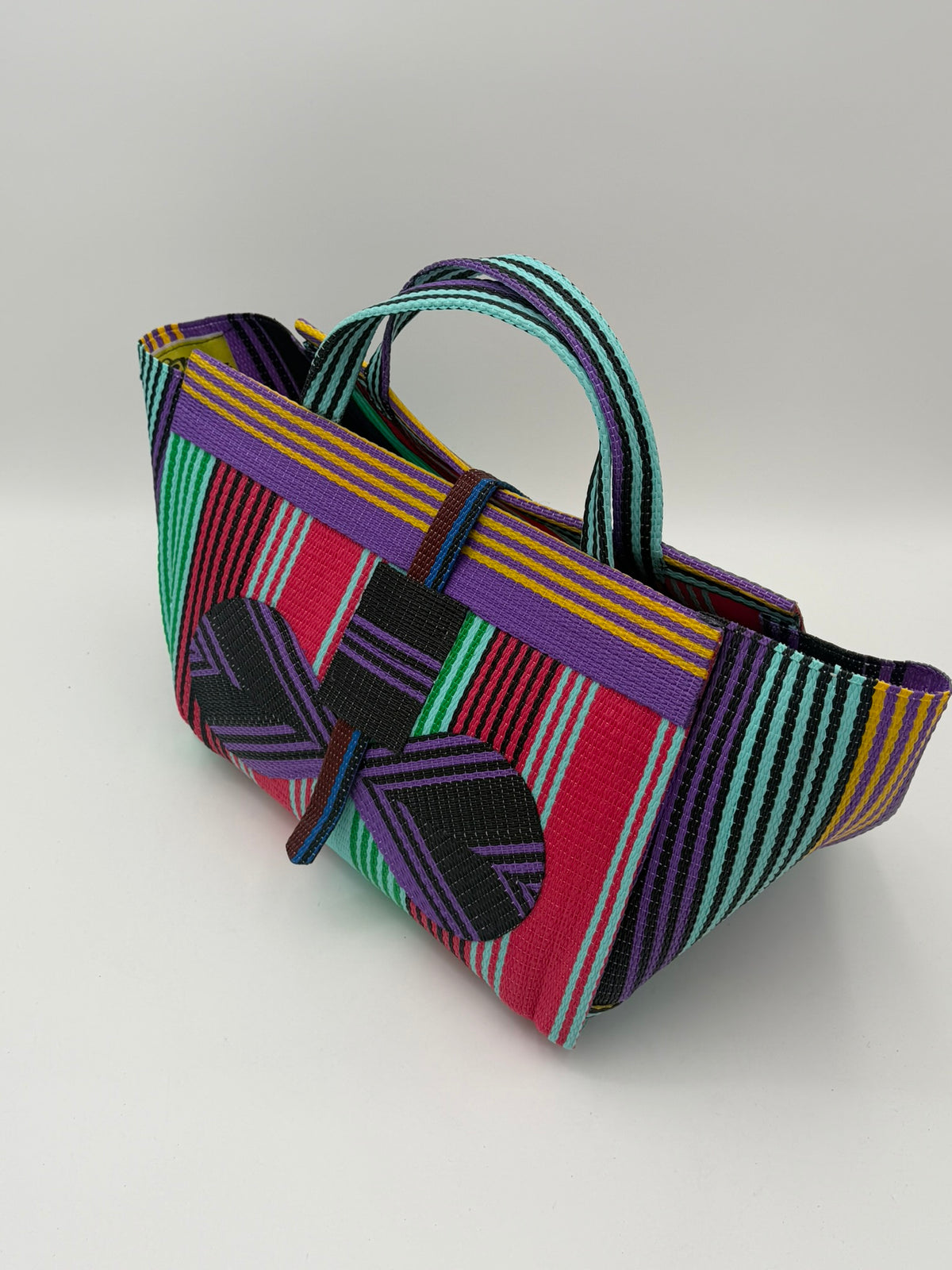 Candy Large handwoven tote bag by SCRUBIES in Teal,Pink,Purple,Black, with Stripes design and Bow accent pattern