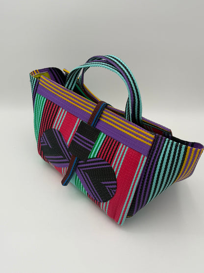 Candy Large handwoven tote bag by SCRUBIES in Teal,Pink,Purple,Black, with Stripes design and Bow accent pattern