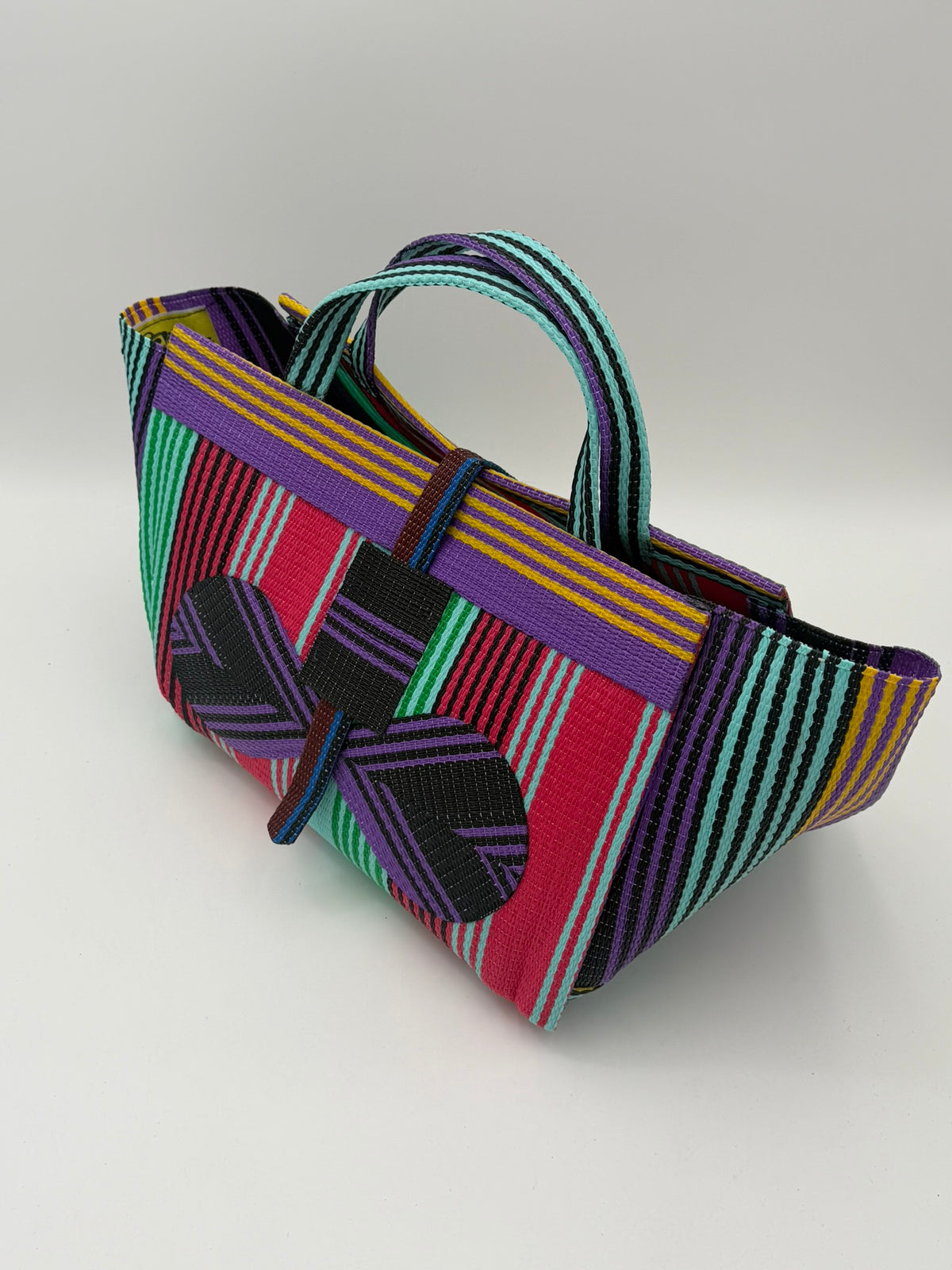 Candy Large handwoven tote bag by SCRUBIES in Teal,Pink,Purple,Black, with Stripes design and Bow accent pattern