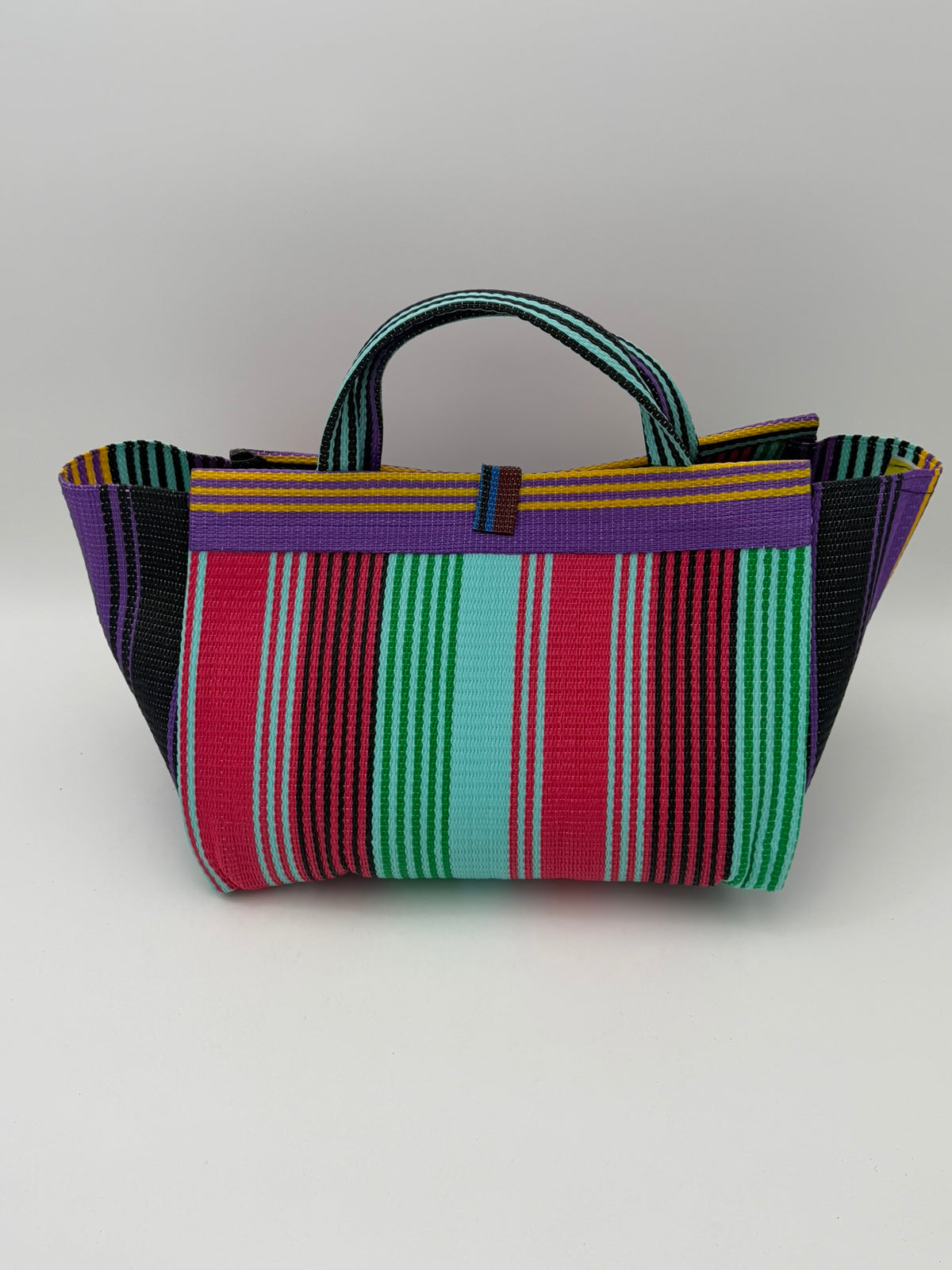 Candy Large handwoven tote bag by SCRUBIES in Teal,Pink,Purple,Black, with Stripes design and Bow accent pattern