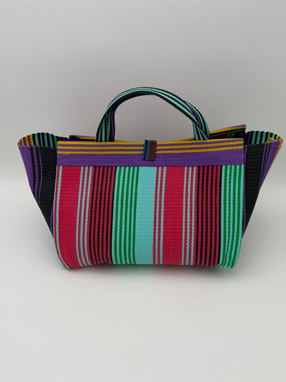 Candy Large handwoven tote bag by SCRUBIES in Teal,Pink,Purple,Black, with Stripes design and Bow accent pattern