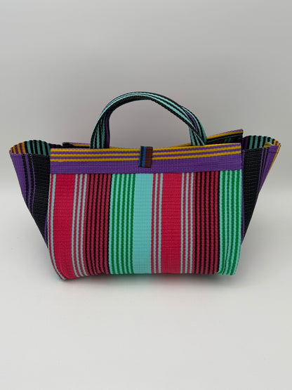 Candy Large handwoven tote bag by SCRUBIES in Teal,Pink,Purple,Black, with Stripes design and Bow accent pattern