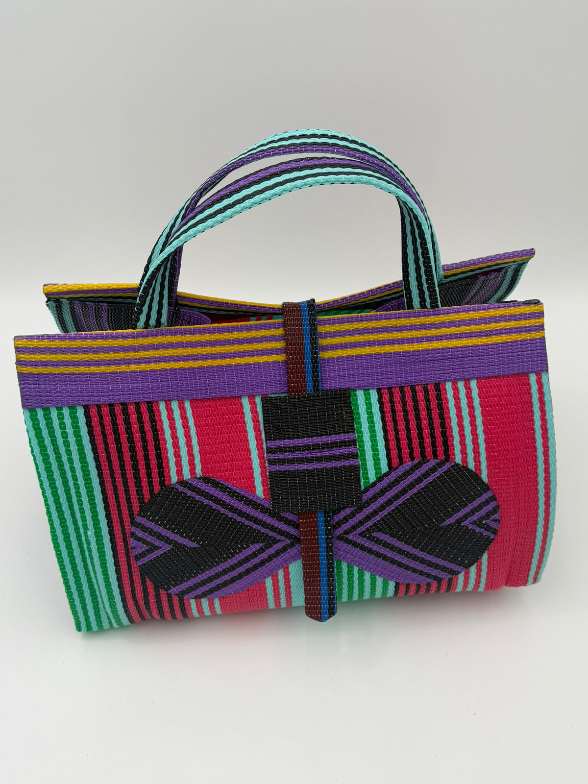 Candy Large handwoven tote bag by SCRUBIES in Teal,Pink,Purple,Black, with Stripes design and Bow accent pattern
