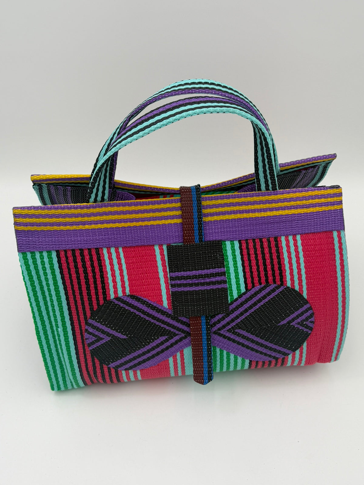 Candy Large handwoven tote bag by SCRUBIES in Teal,Pink,Purple,Black, with Stripes design and Bow accent pattern