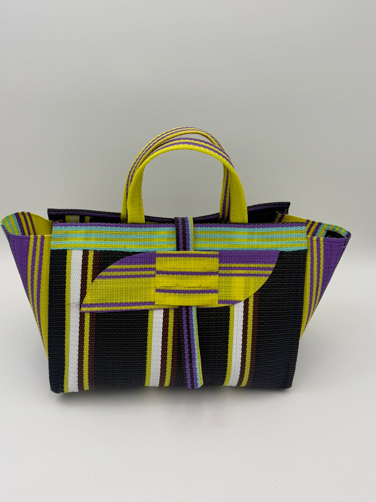 Midnight Large handwoven tote bag by SCRUBIES in Black,White,Yellow with Stripes design and Almond accent pattern