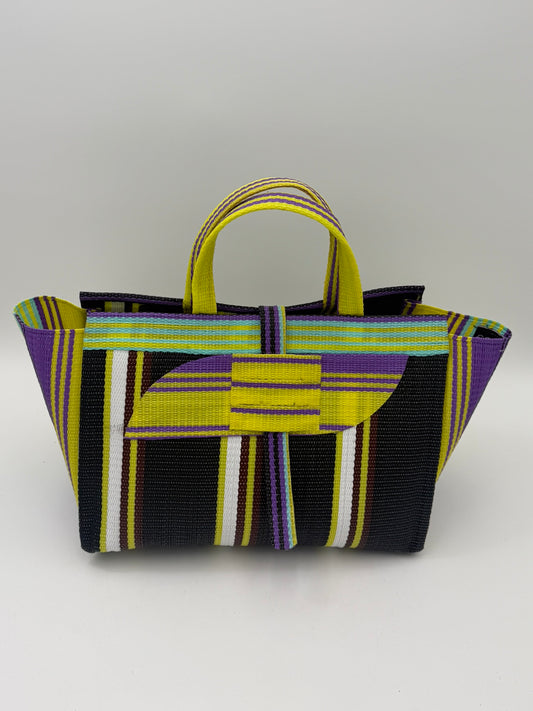 Midnight Large handwoven tote bag by SCRUBIES in Black,White,Yellow with Stripes design and Almond accent pattern
