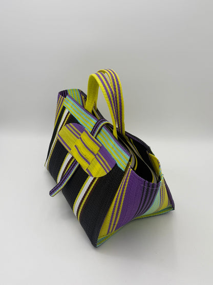 Midnight Large handwoven tote bag by SCRUBIES in Black,White,Yellow with Stripes design and Almond accent pattern