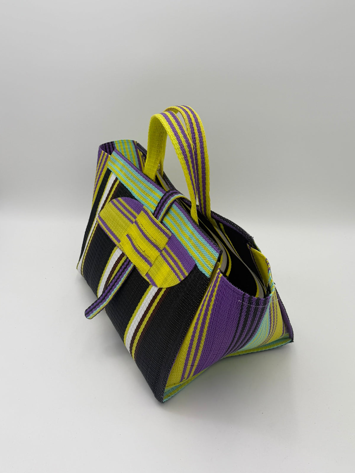 Midnight Large handwoven tote bag by SCRUBIES in Black,White,Yellow with Stripes design and Almond accent pattern