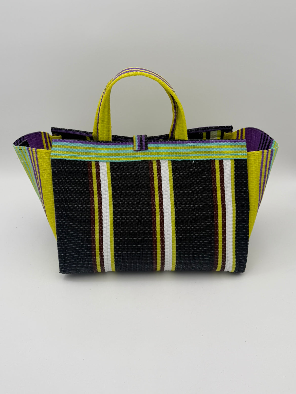 Midnight Large handwoven tote bag by SCRUBIES in Black,White,Yellow with Stripes design and Almond accent pattern