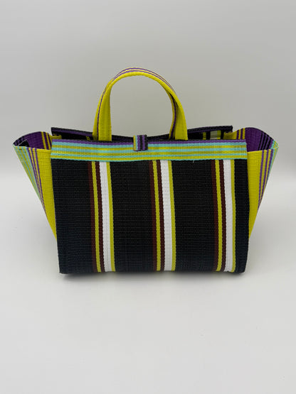 Midnight Large handwoven tote bag by SCRUBIES in Black,White,Yellow with Stripes design and Almond accent pattern