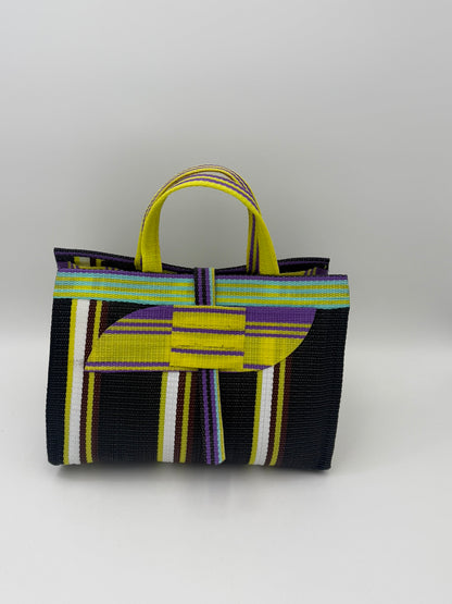 Midnight Large handwoven tote bag by SCRUBIES in Black,White,Yellow with Stripes design and Almond accent pattern