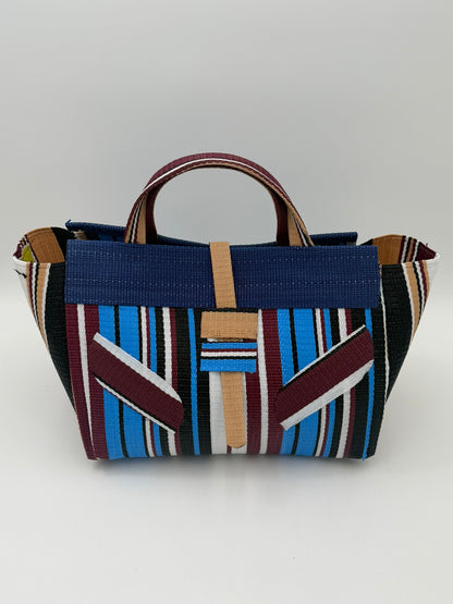 Boho Large handwoven tote bag by SCRUBIES in Blue,Wine,White,Balck with Stripes design and Leaf accent pattern