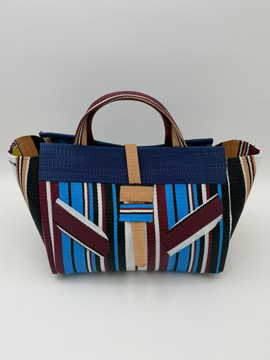 Boho Large handwoven tote bag by SCRUBIES in Blue,Wine,White,Balck with Stripes design and Leaf accent pattern