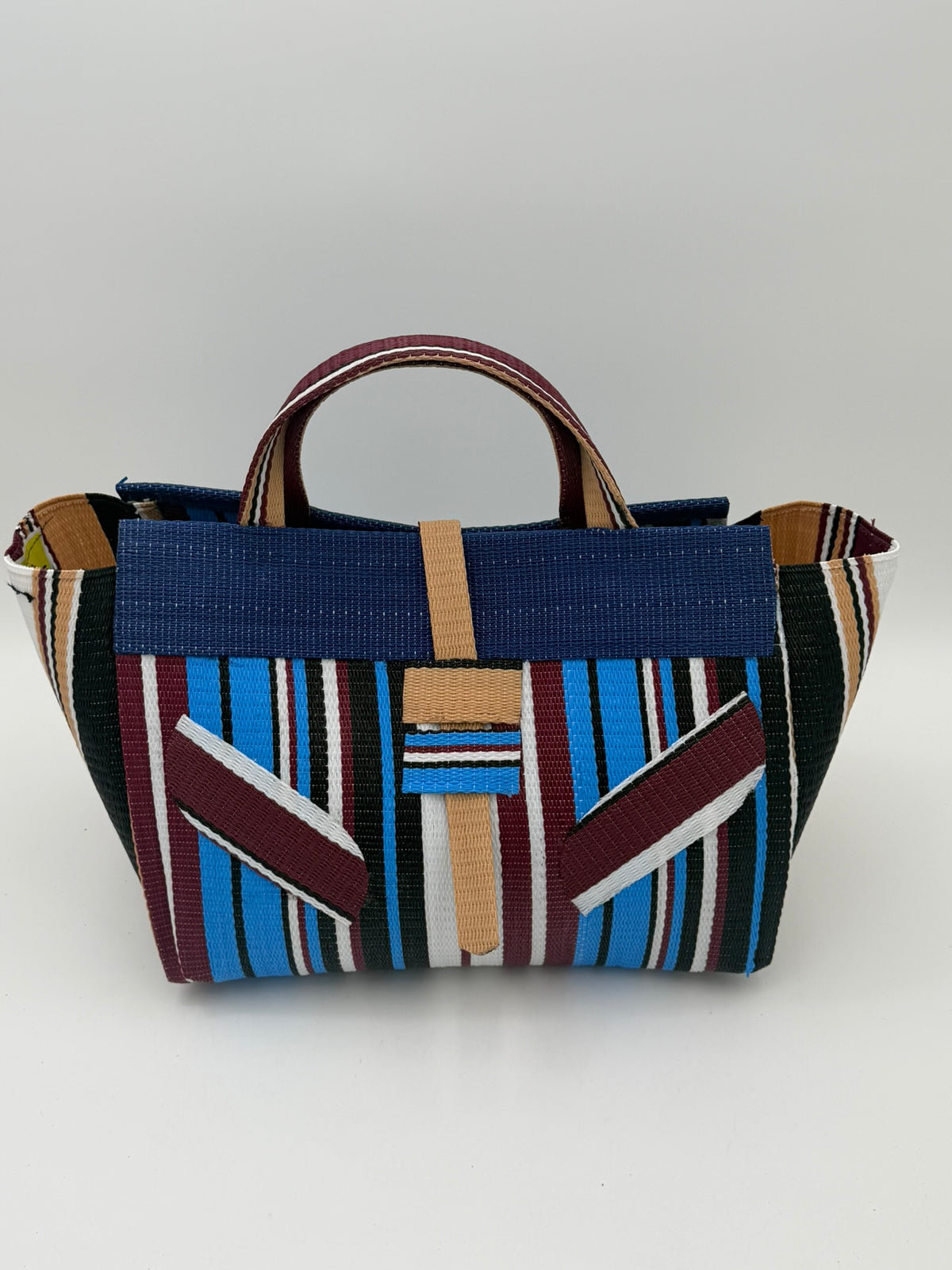 Boho Large handwoven tote bag by SCRUBIES in Blue,Wine,White,Balck with Stripes design and Leaf accent pattern