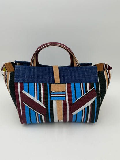 Boho Large handwoven tote bag by SCRUBIES in Blue,Wine,White,Balck with Stripes design and Leaf accent pattern
