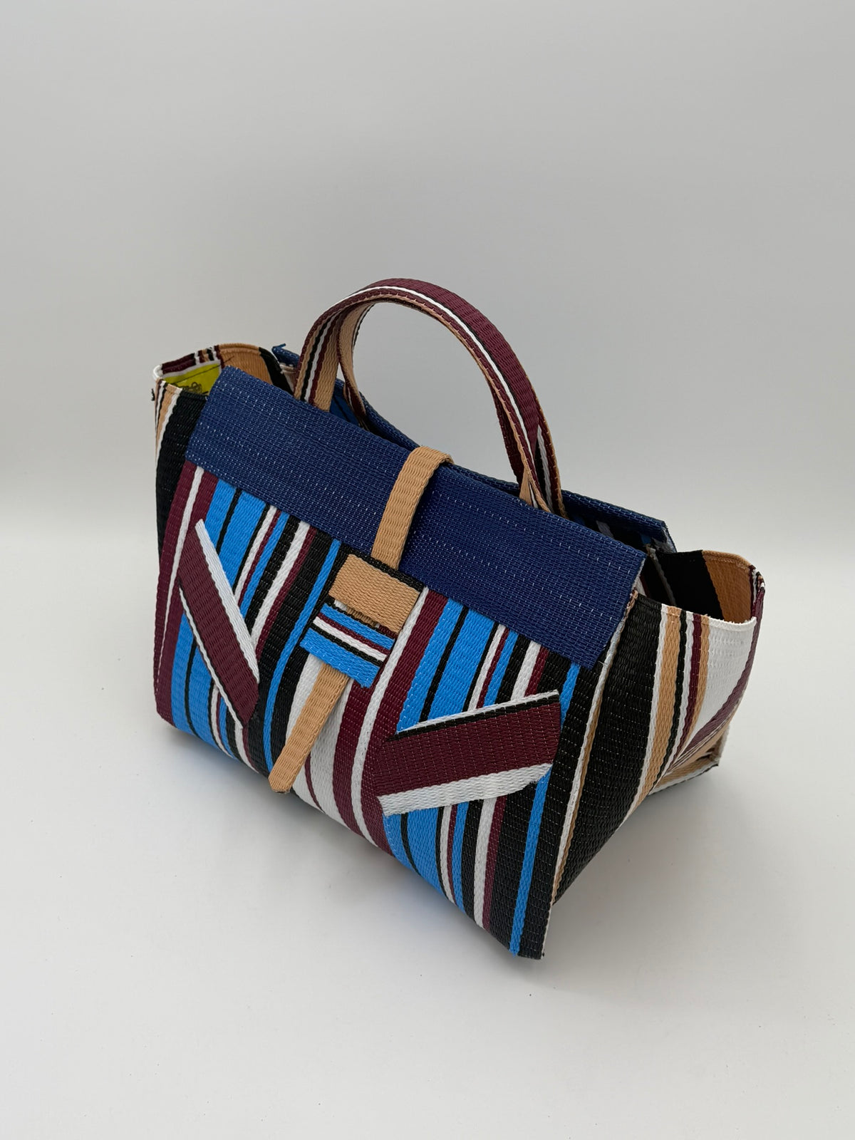 Boho Large handwoven tote bag by SCRUBIES in Blue,Wine,White,Balck with Stripes design and Leaf accent pattern