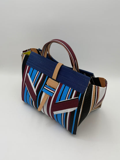 Boho Large handwoven tote bag by SCRUBIES in Blue,Wine,White,Balck with Stripes design and Leaf accent pattern