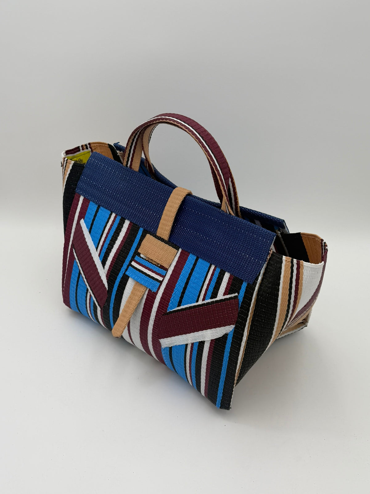 Boho Large handwoven tote bag by SCRUBIES in Blue,Wine,White,Balck with Stripes design and Leaf accent pattern