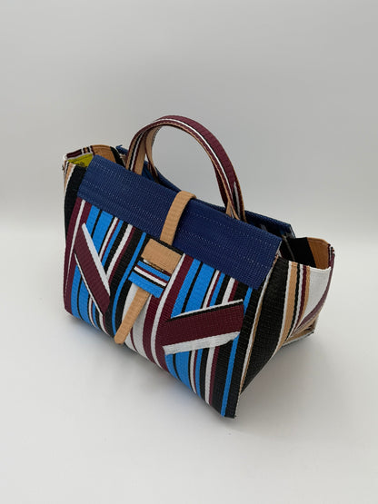 Boho Large handwoven tote bag by SCRUBIES in Blue,Wine,White,Balck with Stripes design and Leaf accent pattern