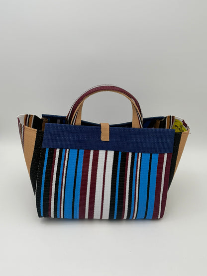 Boho Large handwoven tote bag by SCRUBIES in Blue,Wine,White,Balck with Stripes design and Leaf accent pattern
