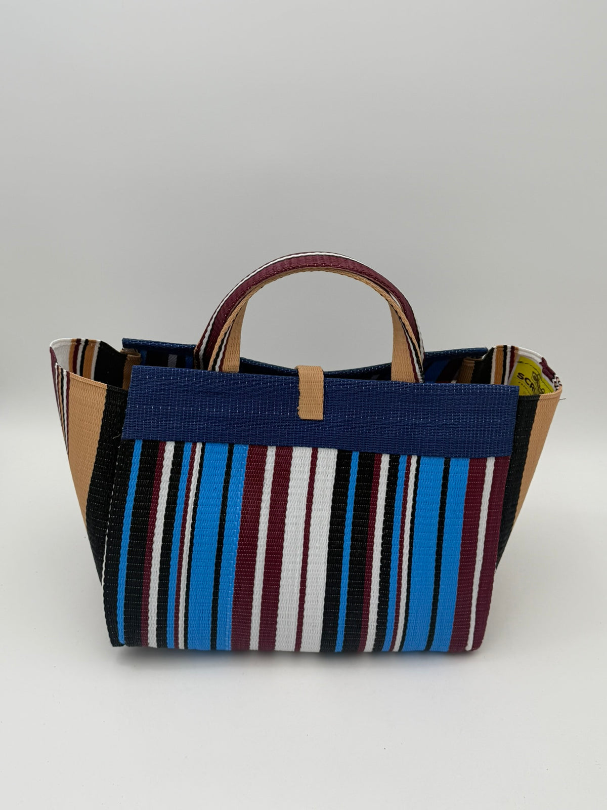 Boho Large handwoven tote bag by SCRUBIES in Blue,Wine,White,Balck with Stripes design and Leaf accent pattern