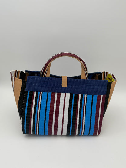 Boho Large handwoven tote bag by SCRUBIES in Blue,Wine,White,Balck with Stripes design and Leaf accent pattern