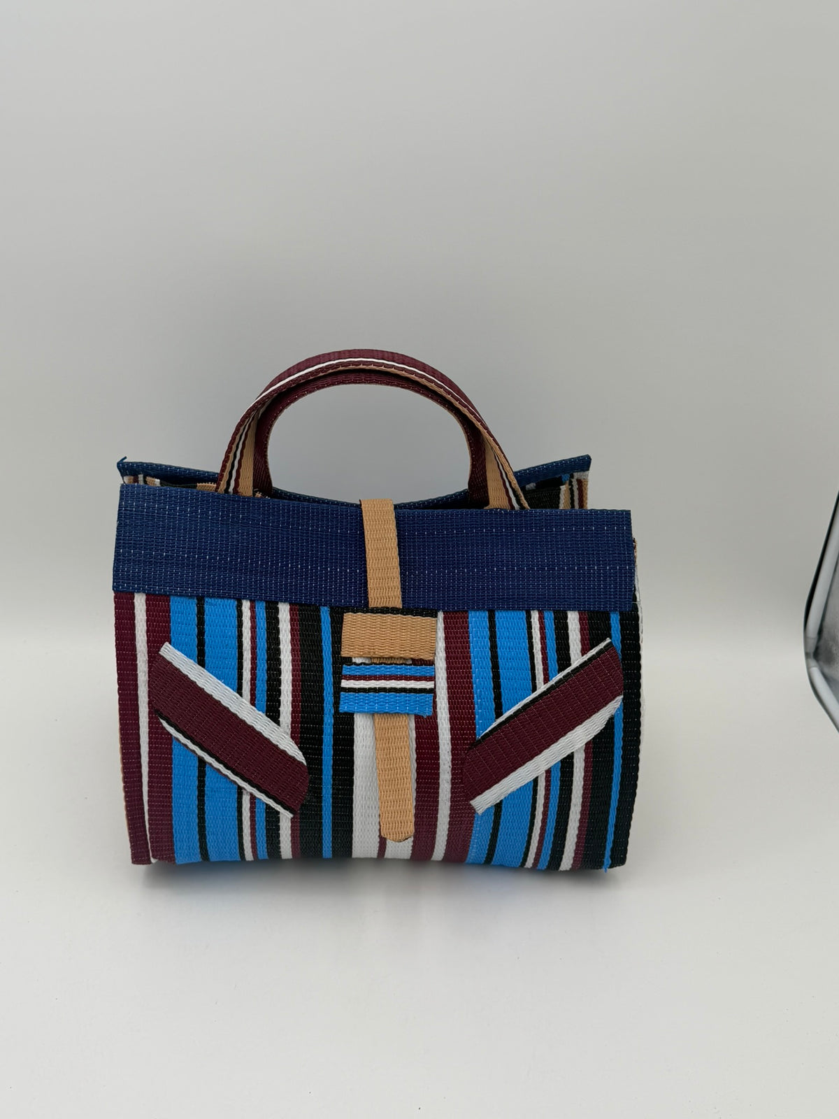 Boho Large handwoven tote bag by SCRUBIES in Blue,Wine,White,Balck with Stripes design and Leaf accent pattern