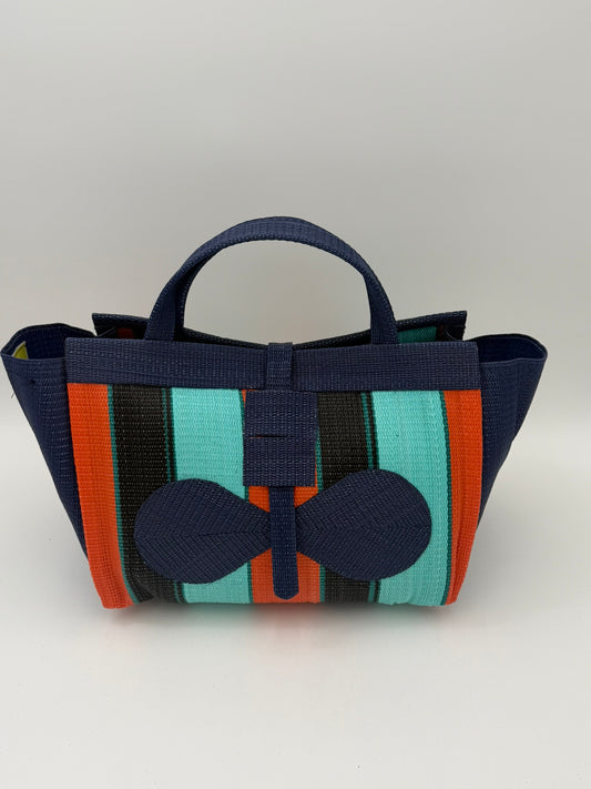 Teal Blocks Large handwoven tote bag by SCRUBIES in Teal,Orange,Black,Blue with Block design and Bow accent pattern