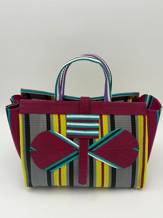 Carbon Large handwoven tote bag by SCRUBIES in Wine,Yellow,Grey,Teal with Stripes design and Bow accent pattern
