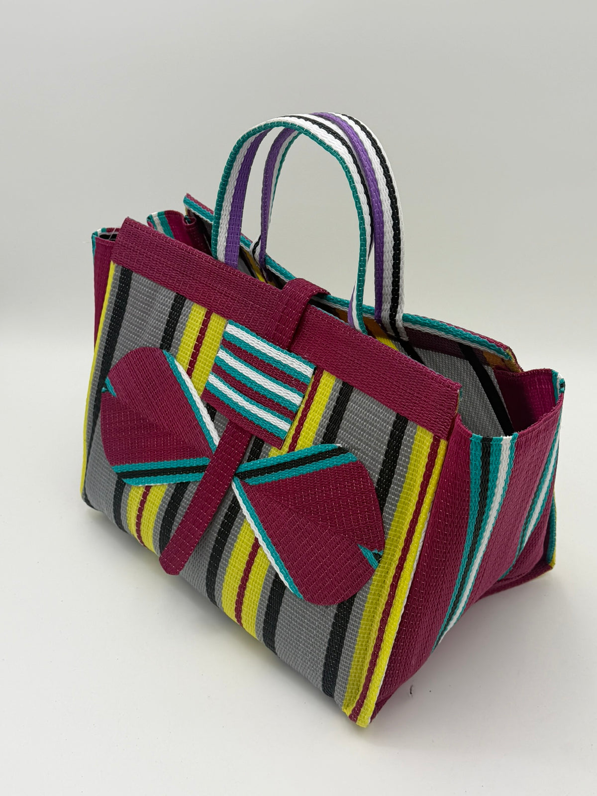 Carbon Large handwoven tote bag by SCRUBIES in Wine,Yellow,Grey,Teal with Stripes design and Bow accent pattern
