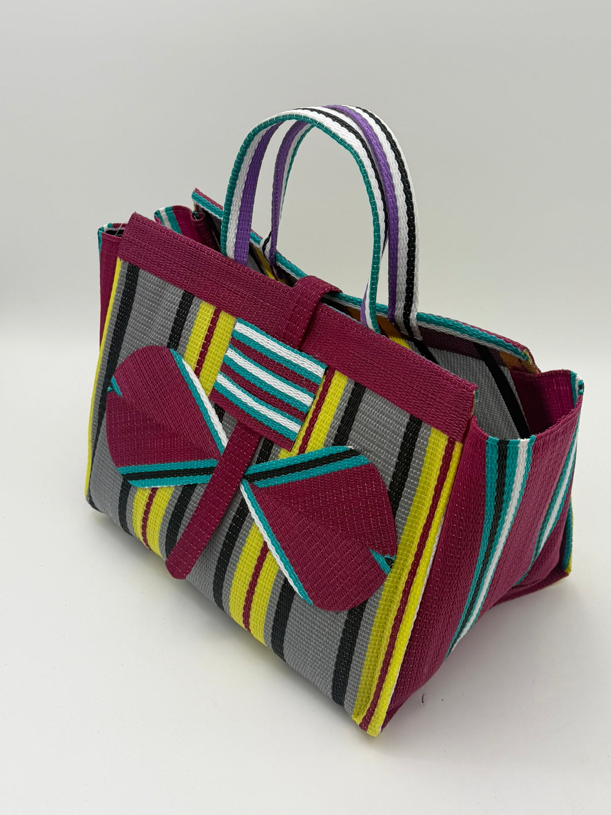 Carbon Large handwoven tote bag by SCRUBIES in Wine,Yellow,Grey,Teal with Stripes design and Bow accent pattern