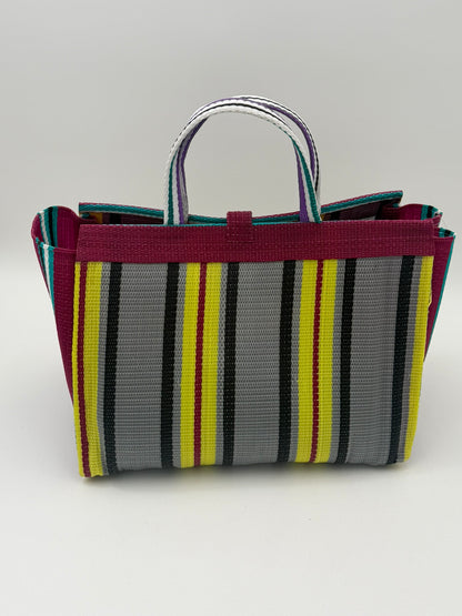 Carbon Large handwoven tote bag by SCRUBIES in Wine,Yellow,Grey,Teal with Stripes design and Bow accent pattern