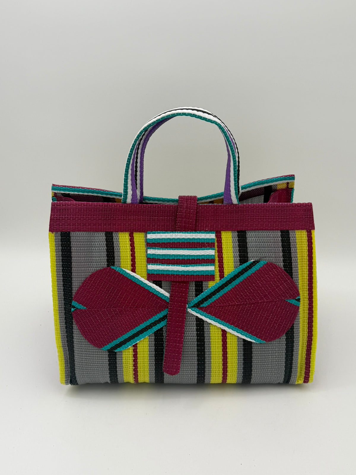 Carbon Large handwoven tote bag by SCRUBIES in Wine,Yellow,Grey,Teal with Stripes design and Bow accent pattern