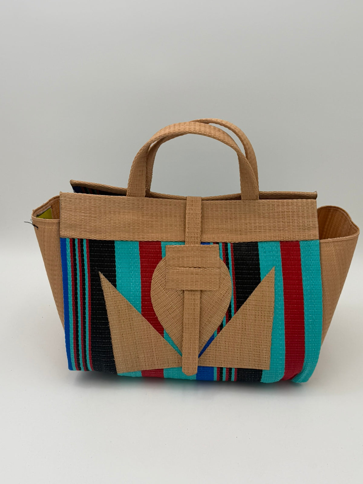 Teal Blocks Large handwoven tote bag by SCRUBIES in Beige,Teal,Black,Red with Stripes design and Abstract accent pattern