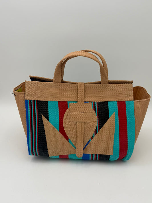 Teal Blocks Large handwoven tote bag by SCRUBIES in Beige,Teal,Black,Red with Stripes design and Abstract accent pattern