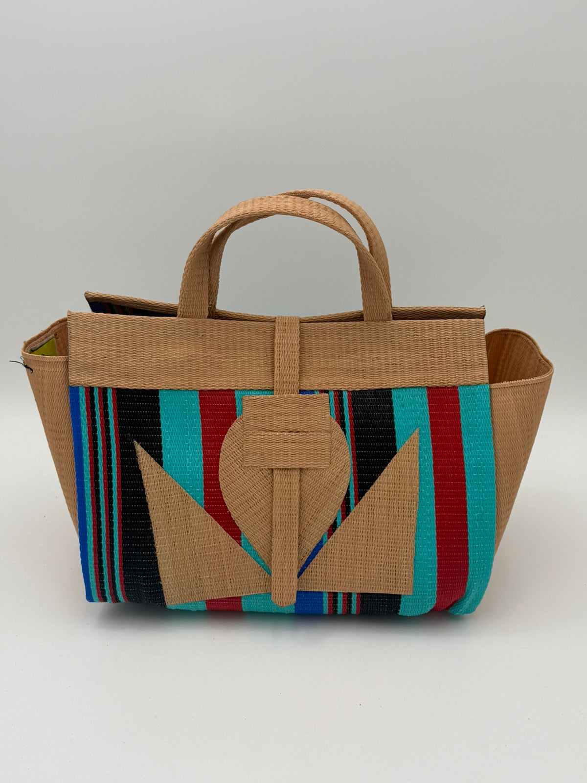 Teal Blocks Large handwoven tote bag by SCRUBIES in Beige,Teal,Black,Red with Stripes design and Abstract accent pattern