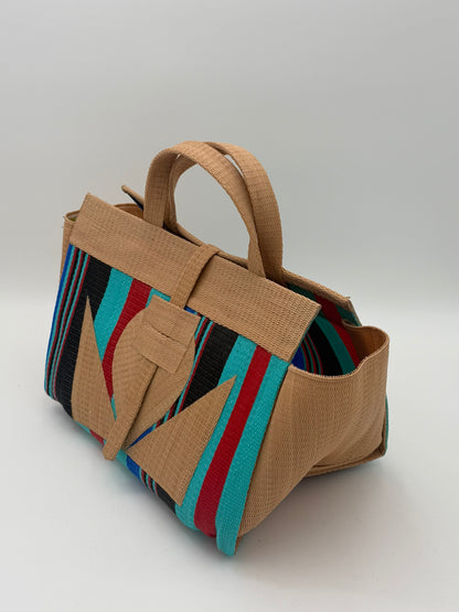 Teal Blocks Large handwoven tote bag by SCRUBIES in Beige,Teal,Black,Red with Stripes design and Abstract accent pattern