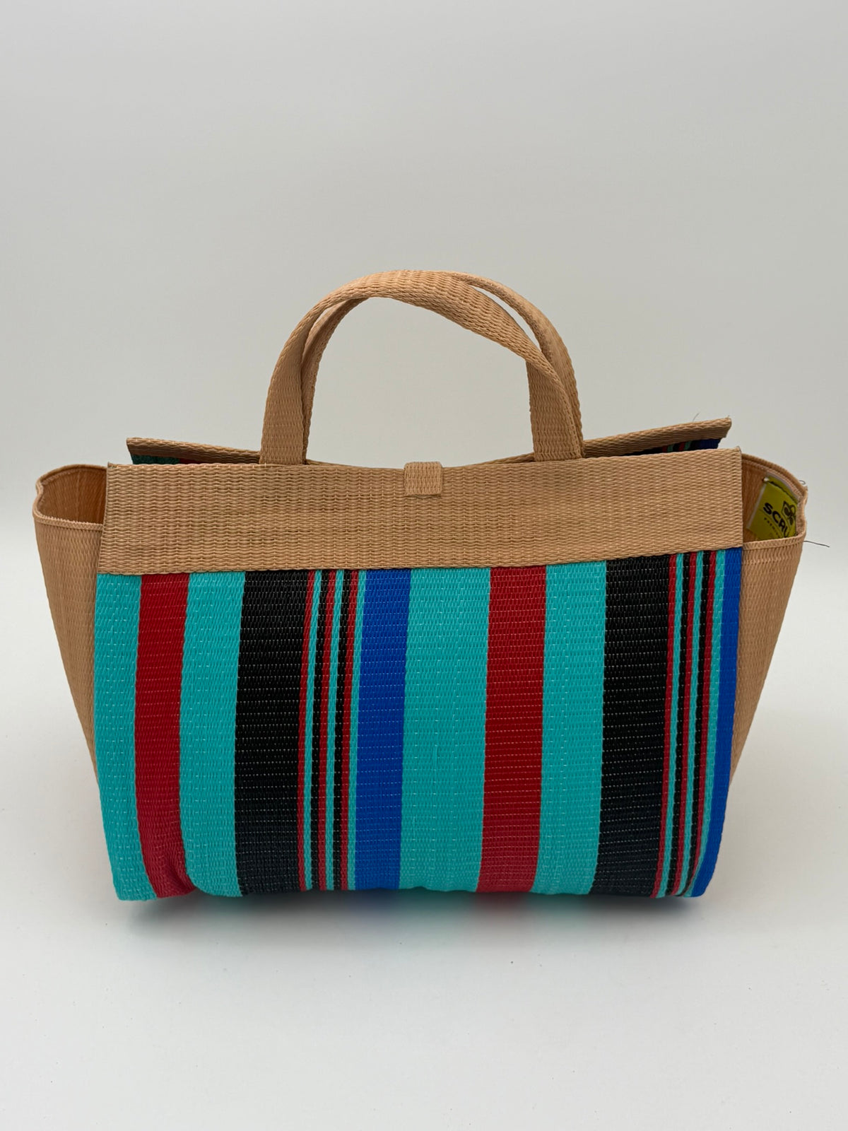Teal Blocks Large handwoven tote bag by SCRUBIES in Beige,Teal,Black,Red with Stripes design and Abstract accent pattern