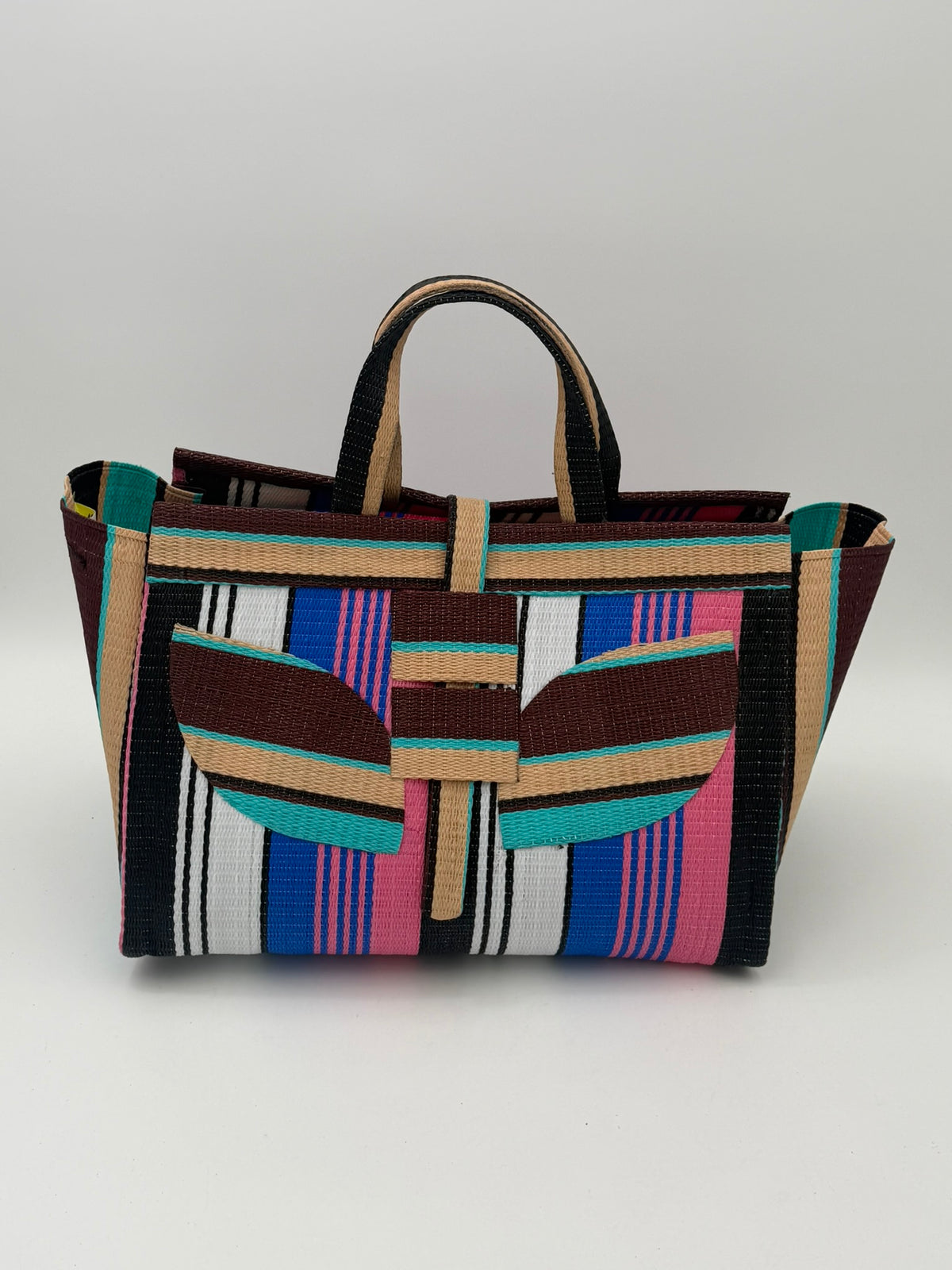 Teal Blocks Large handwoven tote bag by SCRUBIES in Beige,Teal,Black,Red with Stripes design and Abstract accent pattern