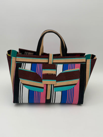 Teal Blocks Large handwoven tote bag by SCRUBIES in Beige,Teal,Black,Red with Stripes design and Abstract accent pattern