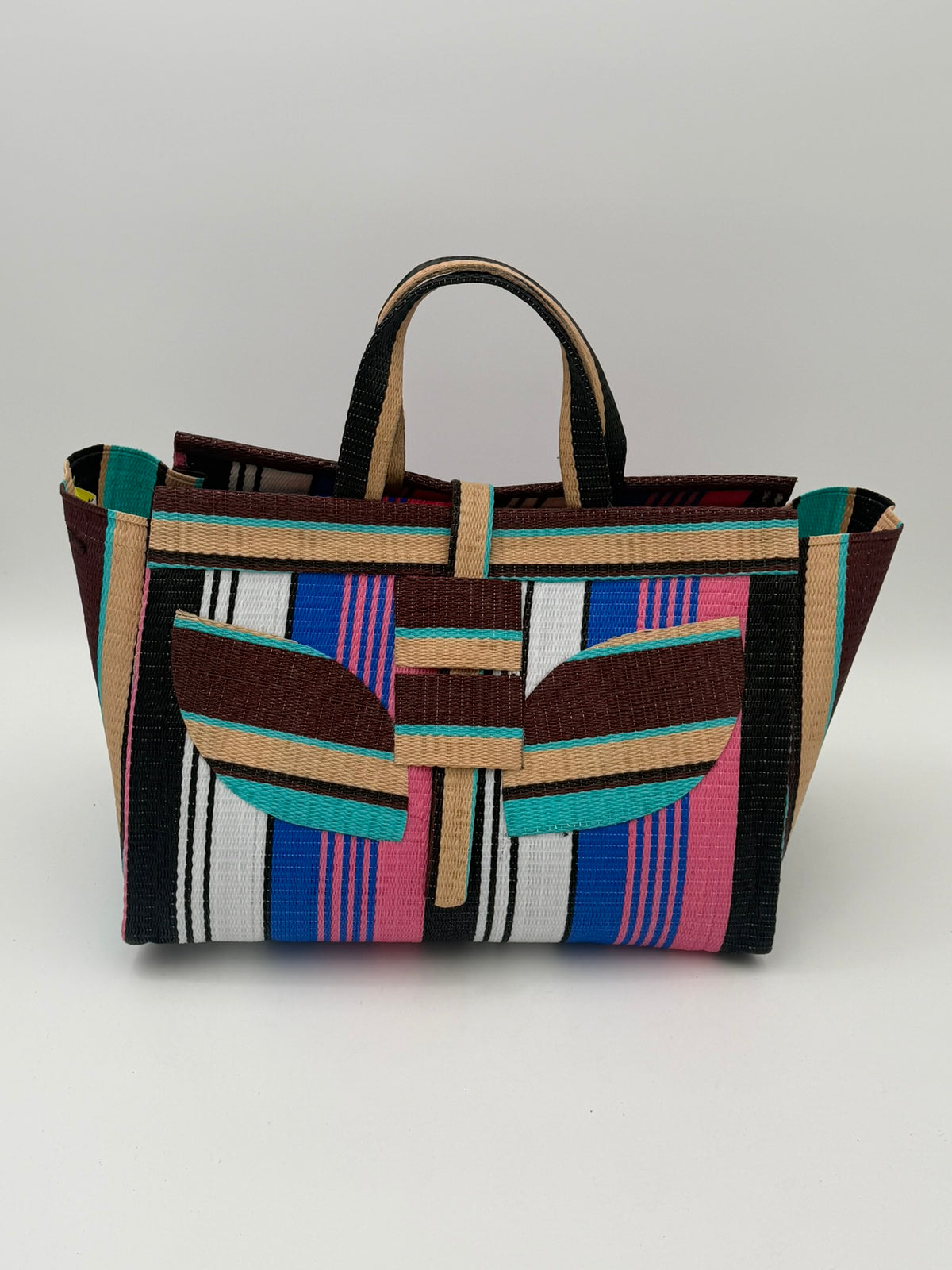 Teal Blocks Large handwoven tote bag by SCRUBIES in Beige,Teal,Black,Red with Stripes design and Abstract accent pattern