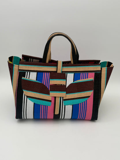Teal Blocks Large handwoven tote bag by SCRUBIES in Beige,Teal,Black,Red with Stripes design and Abstract accent pattern