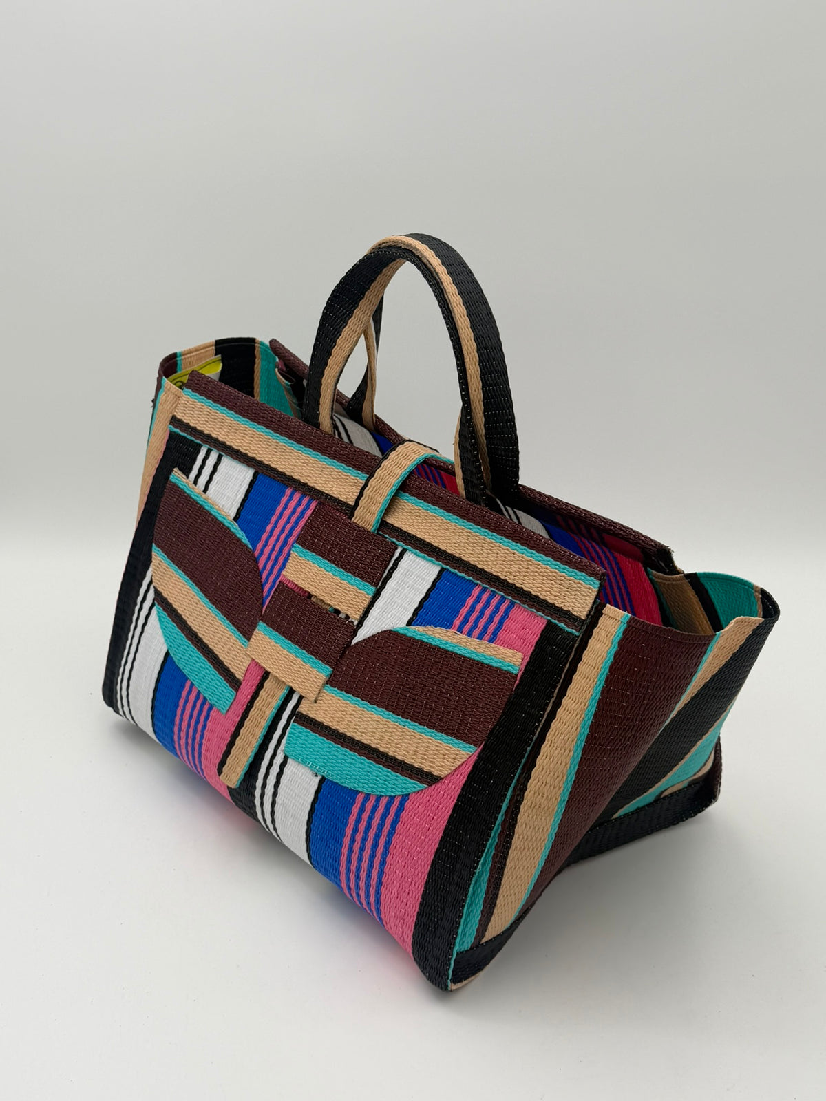 Teal Blocks Large handwoven tote bag by SCRUBIES in Beige,Teal,Black,Red with Stripes design and Abstract accent pattern