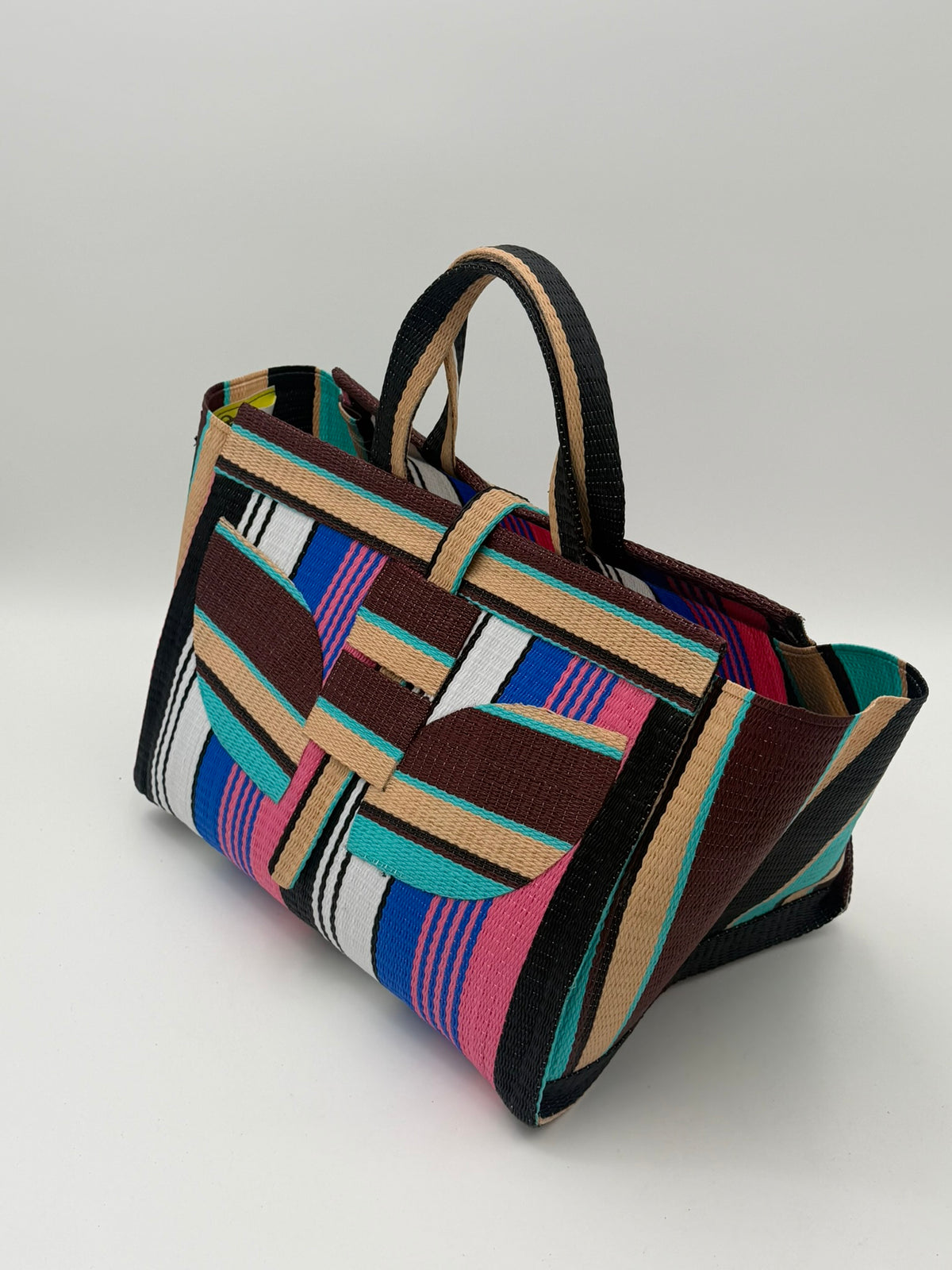 Teal Blocks Large handwoven tote bag by SCRUBIES in Beige,Teal,Black,Red with Stripes design and Abstract accent pattern