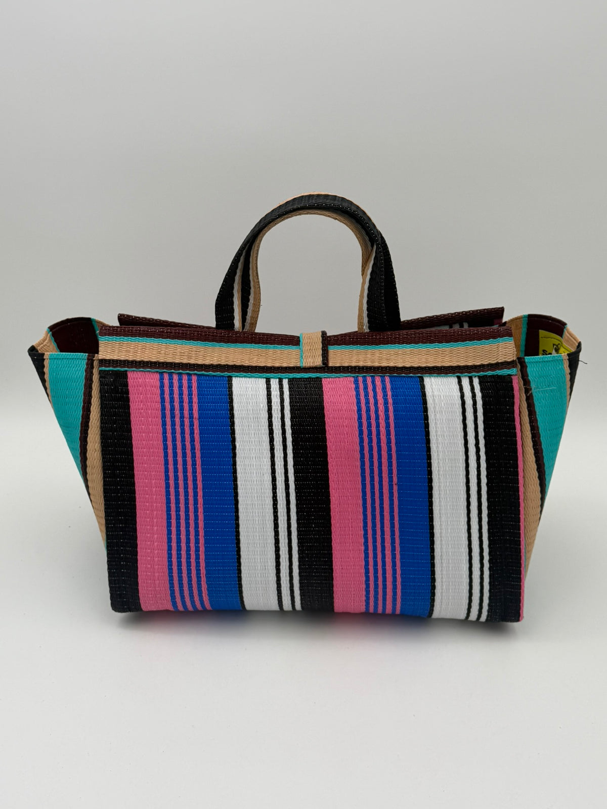 Teal Blocks Large handwoven tote bag by SCRUBIES in Beige,Teal,Black,Red with Stripes design and Abstract accent pattern